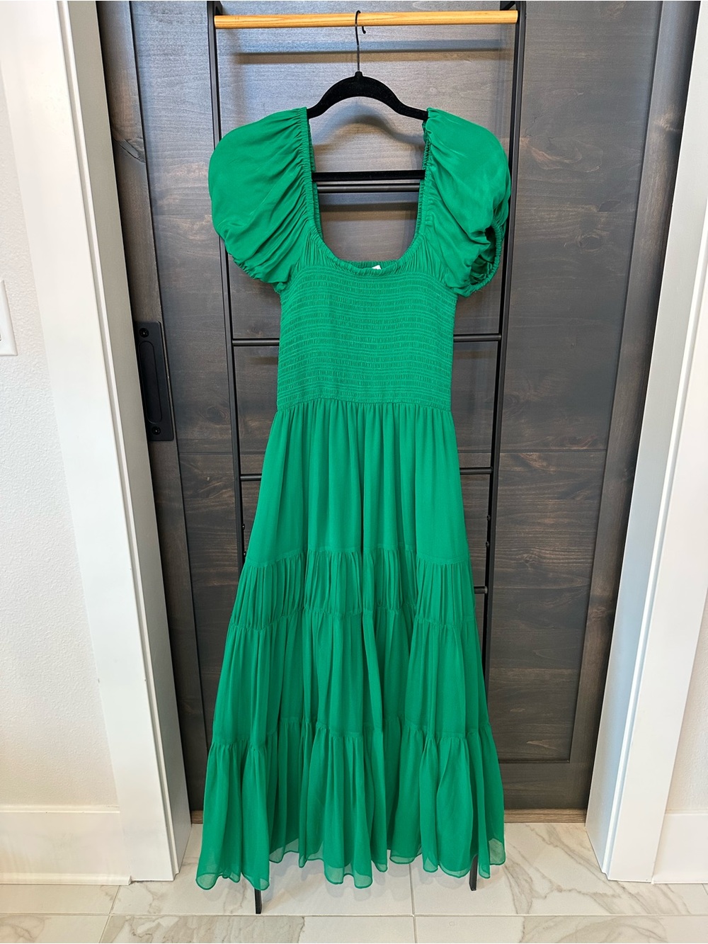 La Ligne Green Puff-Sleeve Smocked Maxi Dress never worn